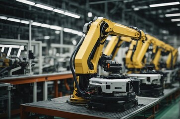 Machine on the production line assembly by robotic manipulators. Concept of automation of automotive production. AI generated