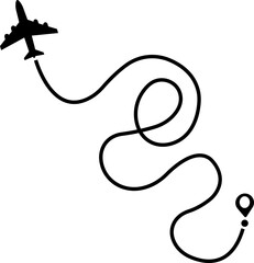 Airplane route path icon. The flight path of the aircraft from the point of location along the line. Flight route from a waypoint with an airplane silhouette isolated on transparent background.