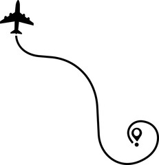 Airplane route path icon. The flight path of the aircraft from the point of location along the line. Flight route from a waypoint with an airplane silhouette isolated on transparent background.