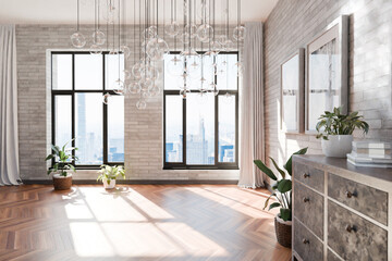 luxurious loft apartment with floor-to-ceiling windows and panoramic view; glass hanging lamps;...