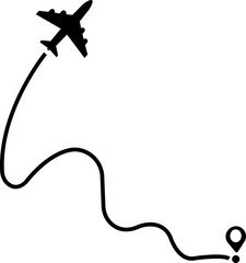 Airplane route path icon. The flight path of the aircraft from the point of location along the line. Flight route from a waypoint with an airplane silhouette isolated on transparent background.