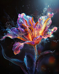 Beautiful painting of a flower dissolving into neon paint. Artistic illustration