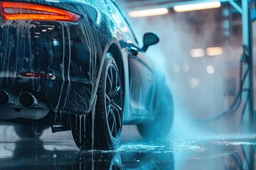 Modern car in a car wash with a blue background