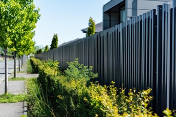 Fototapeta premium Modern high aluminum slats suburban home fence for protecting the view