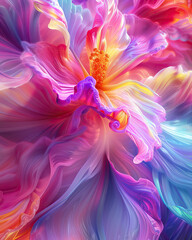 Beautiful painting of a flower dissolving into neon paint. Artistic illustration