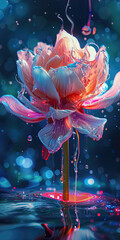Beautiful painting of a flower dissolving into neon paint. Artistic illustration