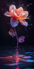 Beautiful painting of a flower dissolving into neon paint. Artistic illustration