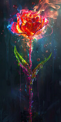 Beautiful painting of a flower dissolving into neon paint. Artistic illustration