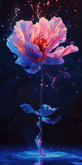 Beautiful painting of a flower dissolving into neon paint. Artistic illustration