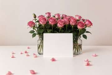 bouquet of roses in vase and blank letter postcard mockup on white background