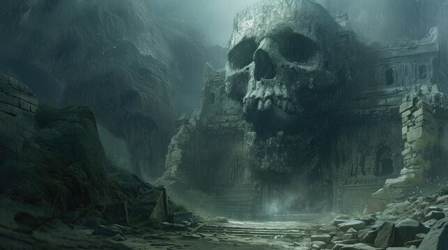 Creepy ruins of an ancient temple in the form of a skull