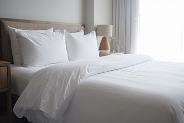 Fototapeta na wymiar Up close White bed with white towel