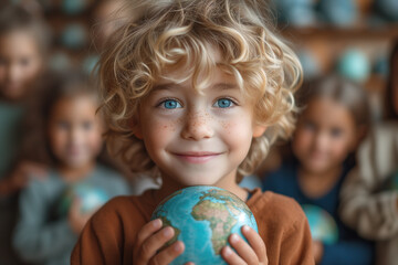 Child holding globe of planet earth, school and education, environment and ecology, geography lesson
