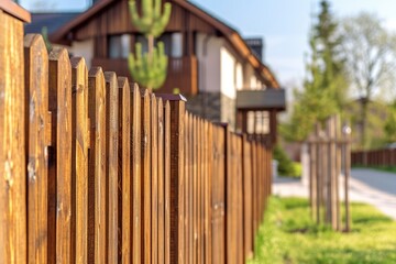 New wooden fence Street photo selective focus Real Estate Exterior House sunny day