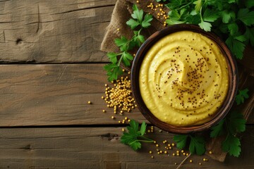 Organic homemade mustard in wooden bowl top view - obrazy, fototapety, plakaty