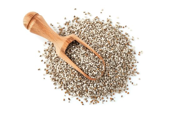 Organic Pearl Millet Pennisetum glaucum or Bajra on white background with wooden scoop from top view
