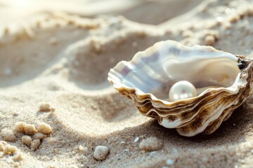 Oyster open with white pearl text space on sand