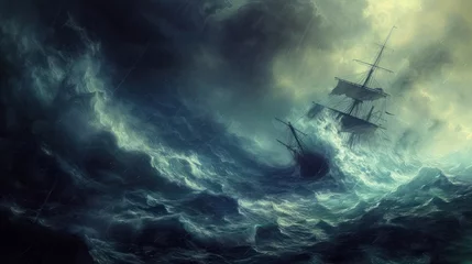 Poster Powerful scene of a stormy sea with a ship battling fierce waves in a dramatic chiaroscuro style influenced by Romanticism. © Elvin