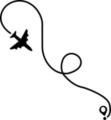 Airplane route path icon. The flight path of the aircraft from the point of location along the line. Flight route from a waypoint with an airplane silhouette isolated on transparent background.