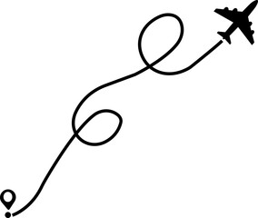 Airplane route path icon. The flight path of the aircraft from the point of location along the line. Flight route from a waypoint with an airplane silhouette isolated on transparent background.
