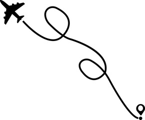 Airplane route path icon. The flight path of the aircraft from the point of location along the line. Flight route from a waypoint with an airplane silhouette isolated on transparent background.