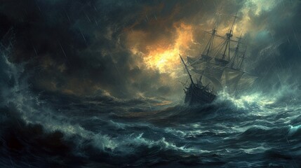 Powerful scene of a stormy sea with a ship battling fierce waves in a dramatic chiaroscuro style influenced by Romanticism.