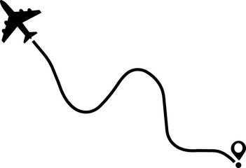 Airplane route path icon. The flight path of the aircraft from the point of location along the line. Flight route from a waypoint with an airplane silhouette isolated on transparent background.