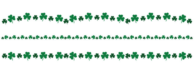 clover leaf border line, set of green shamrock dividers for saint Patrick day, horizontal decorative vector elements - obrazy, fototapety, plakaty