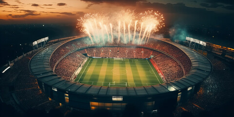 A large modern football stadium with fireworks.