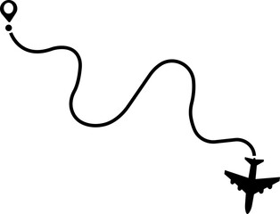Airplane route path icon. The flight path of the aircraft from the point of location along the line. Flight route from a waypoint with an airplane silhouette isolated on transparent background.
