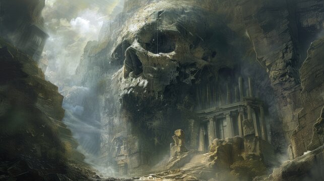 Mysterious dark castle with a human skull