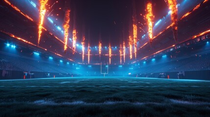 American football stadium with fireworks at night