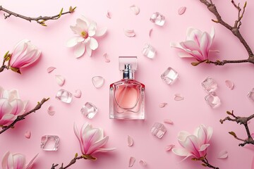 Perfume bottle open with magnolia ice cubes drops on pink background Fresh aroma of magnolia Sweet pure smell for young girls Text space