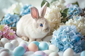 Naklejka na ściany i meble White Bunny with blue eyes surrounded by pastel colored eggs and blooming hydrangeas