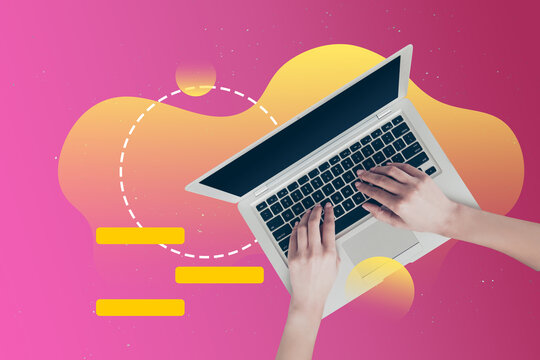 Photo collage picture image laptop pc computer human hands typing texting browsing freelancer work remote job distance coworking