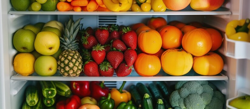 Various kinds of fresh fruit and vegetables are neatly arranged in the refrigerator.