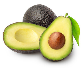 Isolated avocados. Whole and cut in half black avocado fruits isolated on white background with clipping path