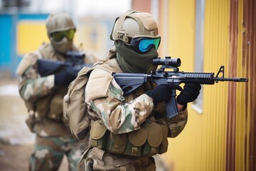 Obraz premium paintball team in combat gear aiming at each other