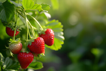 Farming concept - strawberries growing on bunch