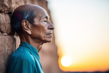 side profile of a person lined up with cliff face profile at sunset