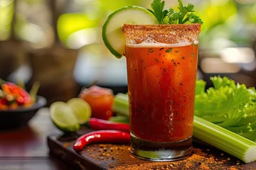 Fotobehang Refreshing Mexican beer drink with chamoy tamarind chili celery and sauces Michelada © The Big L