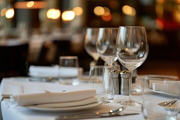 Restaurant table set with cutlery white tablecloth and wine glasses