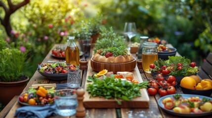 Fototapeta na wymiar Rustic Outdoor Farm-to-Table Dining Experience in Garden Setting
