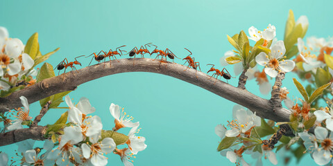 ants building a bridge isolated on a mint background surrounded by flowers