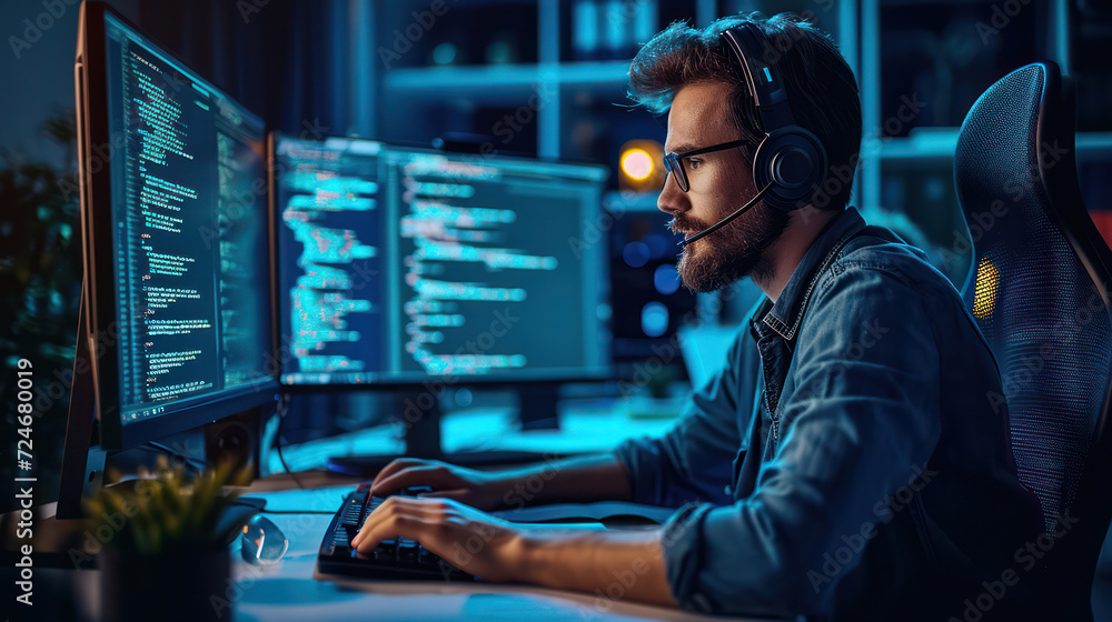 Poster coding in the digital dark: a serious male programmer in a modern office