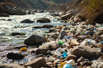 Polluted river, destructive presence of plastic waste on the natural flow of water