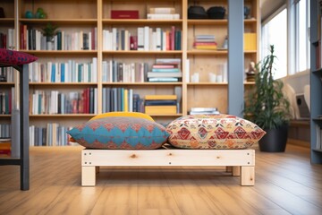 comfortable floor cushions near a bookshelf in an office