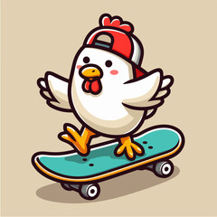 cute chicken cartoon character mascot skateboarding
