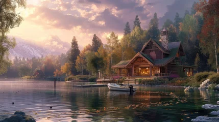 Foto op Plexiglas Fantasy landscape with a wooden house on the lake in the mountains © MrHamster