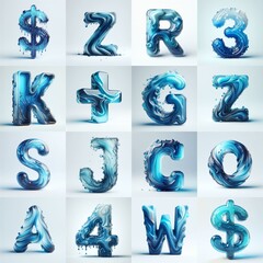 Blue glass 3D Lettering Typeface. AI generated illustration